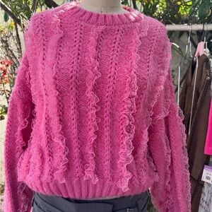 Zara Pink Ruffle-Trim Crewneck Sweater